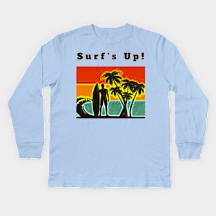 Surf's Up! (surfer, surfboard, palmtrees, waves, sunset) Kids Long Sleeve T-Shirt